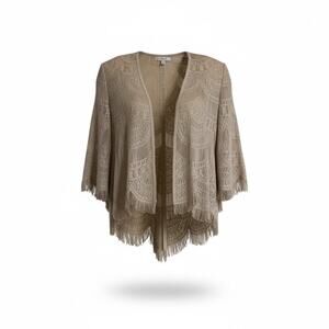 Scalloped Gold Taupe Lace Damianou Evening Cocktail Jacket Cardigan Size Large